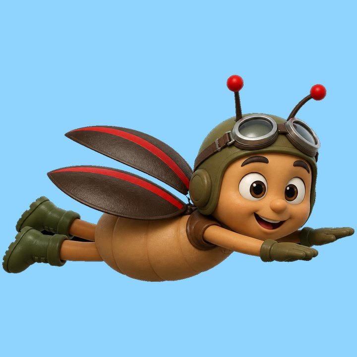 Billy Bob the Beetle Bug flying in his aviator helmet